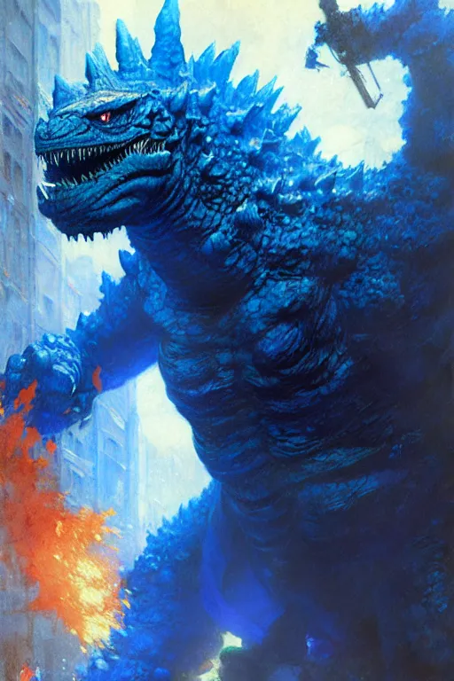 Prompt: happy blue godzilla wearing rainbow coloured cap, detailed portrait dnd, painting by gaston bussiere, craig mullins, greg rutkowski, yoji shinkawa