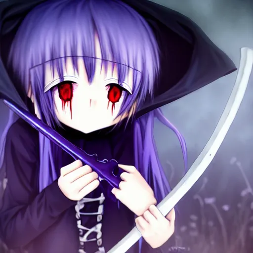 Image similar to A cute young real life 3D anime girl with long blueish violet hair, wearing a black reaper hood with shorts, a bloody scythe is laying next to her foot, in a dark field, top down angle, laying on her back, full body, moody lighting