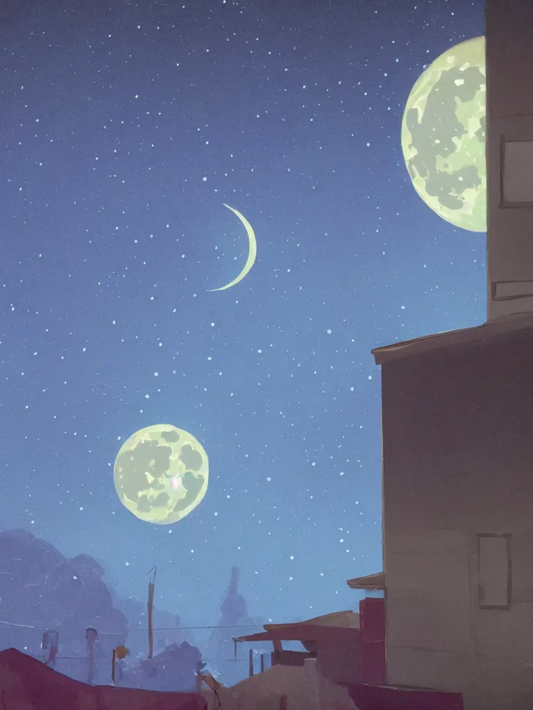 Image similar to neon moon seen through the bedroom window by disney concept artists, blunt borders, rule of thirds