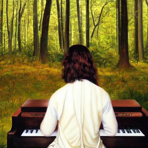 Image similar to ultra realistic painting of bach sitting on a piano inside of a forest, thick brush strokes, visible paint layers, taken from the back of bach.