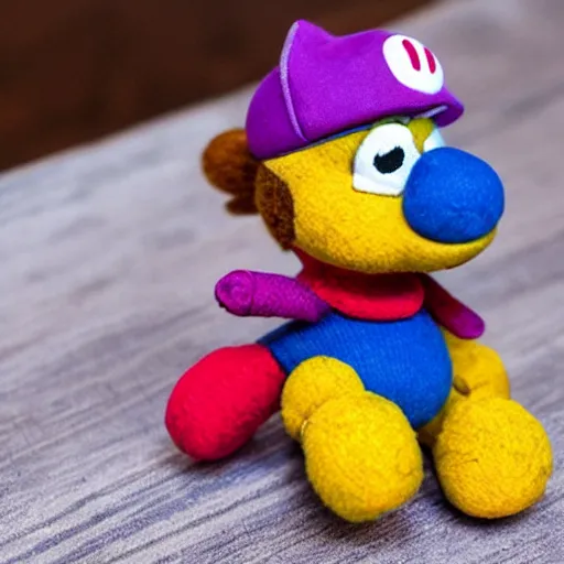 Prompt: a yarn plush doll of wario riding a yoshi