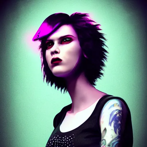 Image similar to punk women portrait made out of paint, short hair, octane render, highly detailed, realistic, tim burton and bob ross comic book art, matte painting, holographic, trending on artstation, cinematic, splashes of neon, sacred geometry in the background