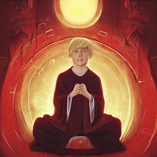 Image similar to Portrait of a 12 year old white boy with blond medium length hair, sitting cross-legged, wearing red sorcerer's robes, holding an illuminated crystal ball in his hands and gazing into it, inside of a cabin, Dungeon's & Dragons, digital illustration, deviantart, matte fantasy painting, by Jason Felix by Steve Argyle by Tyler Jacobson by Peter Mohrbacher