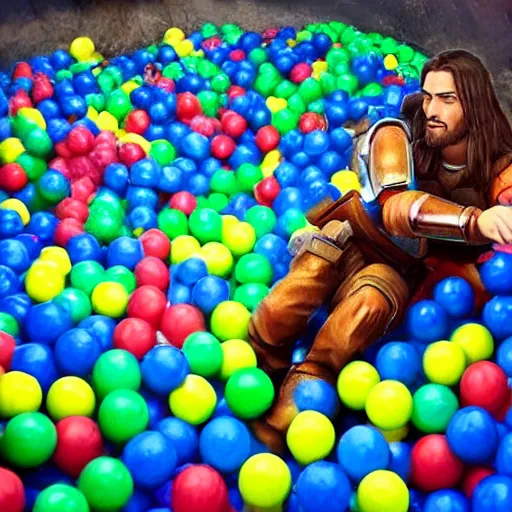 Image similar to Jesus playing in a ball pit with Master Chief from the Halo Franchise. There are balls flying around everywhere and eyes peeking out from in between the balls in the pit. Award winning photograph, HD