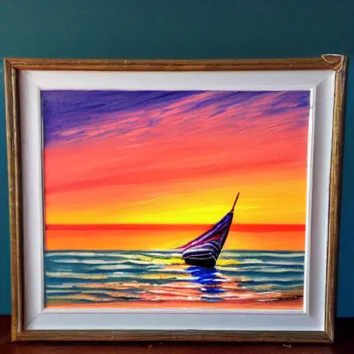 Image similar to a sea landscape with a boat in sunset acrylic paint