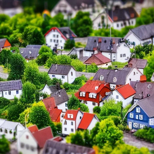 Image similar to a cute Swedish village, tilt-shift photograph, extremely detailed