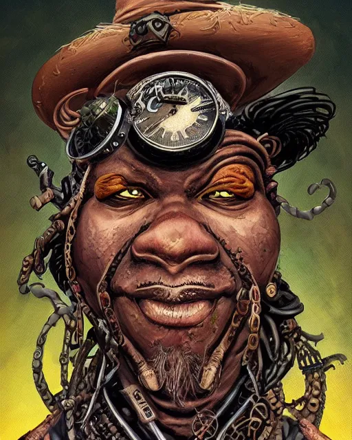 Prompt: a detailed portrait illustration of a steampunk witch - doctor. rugged black male face. fat, muscular. art nouveau, pop art, comic book style. influenced by neil gaiman, h. p. lovecraft, dan mumford, boris vallejo, vadim voitekhovitch, killian eng, ross tran.