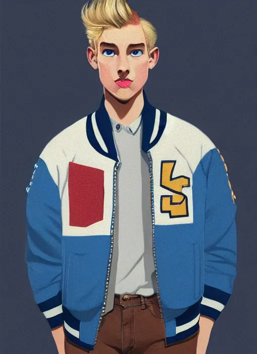 Image similar to portrait of a high school senior boy named moose mason, blonde short hair, jock, beefy, square jaw, square facial structure, 1 9 5 0 s, blue varsity jacket, intricate, elegant, glowing lights, highly detailed, digital painting, artstation, concept art, smooth, sharp focus, illustration, art by wlop, mars ravelo and greg rutkowski