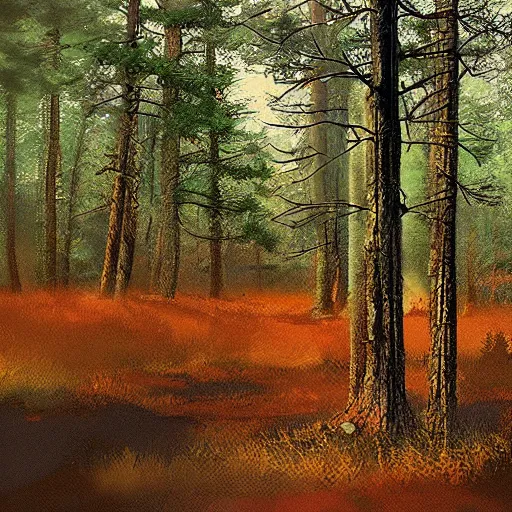 Prompt: pine barrens of old Massachusetts, digital art, artstation, Darrel K Sweet, Glen Chadbourne