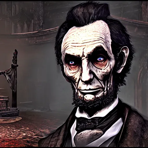 Image similar to abe lincoln in bloodborne. from software. ps 4