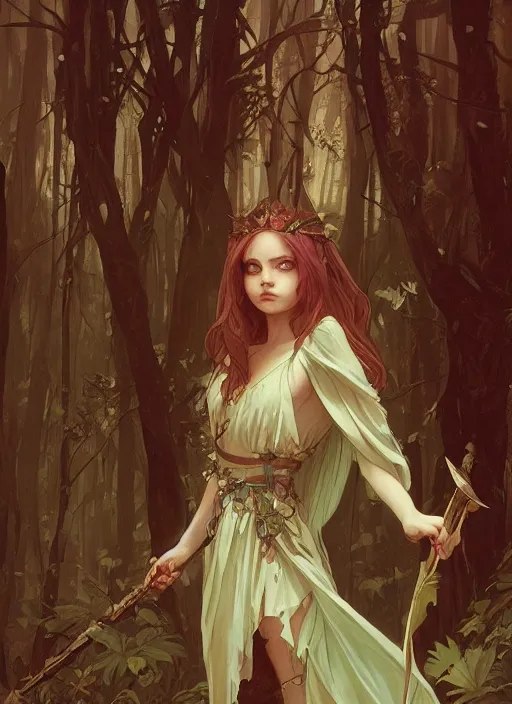 Image similar to a beautiful cute young demon princess in a forest, D&D, fantasy, intricate, cinematic lighting, highly detailed, digital painting, artstation, concept art, smooth, sharp focus, illustration, art by Terry Moore and Greg Rutkowski and Alphonse Mucha