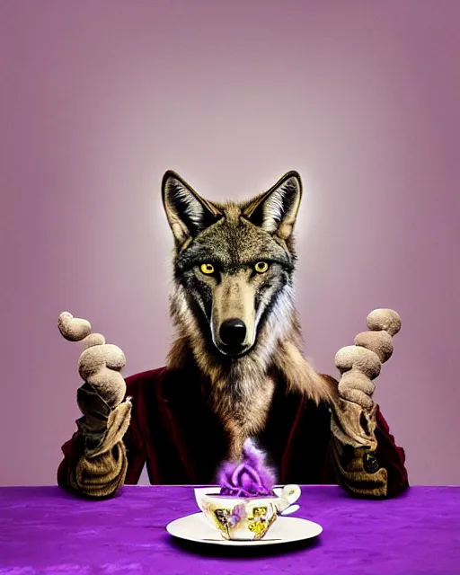 Image similar to Tall emaciated man wolf hybrid with long coyote like ears, wearing a purple velvet enjoying a cup of tea, British Tea Parties, highly realistic, Rick Baker style, photoreal, photograph in the style of Annie Leibovitz