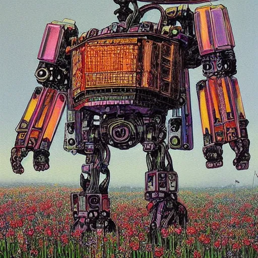 Image similar to a beautiful painting of a large walking mechanical mech castle in a field of flowers by moebius