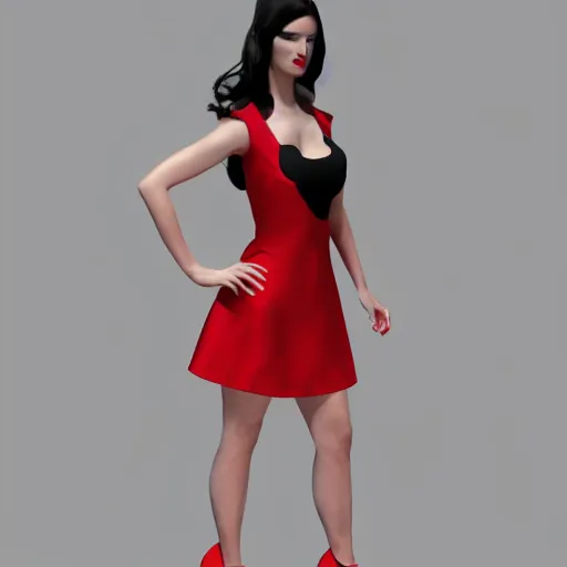 Prompt: woman, red short dress, black hair, octane render, by milo manara, 3 d render, red high heels, face