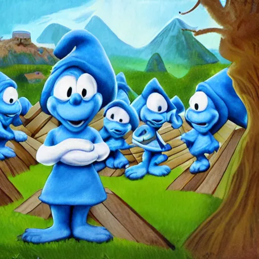 Image similar to the smurf village, artwork by random artist