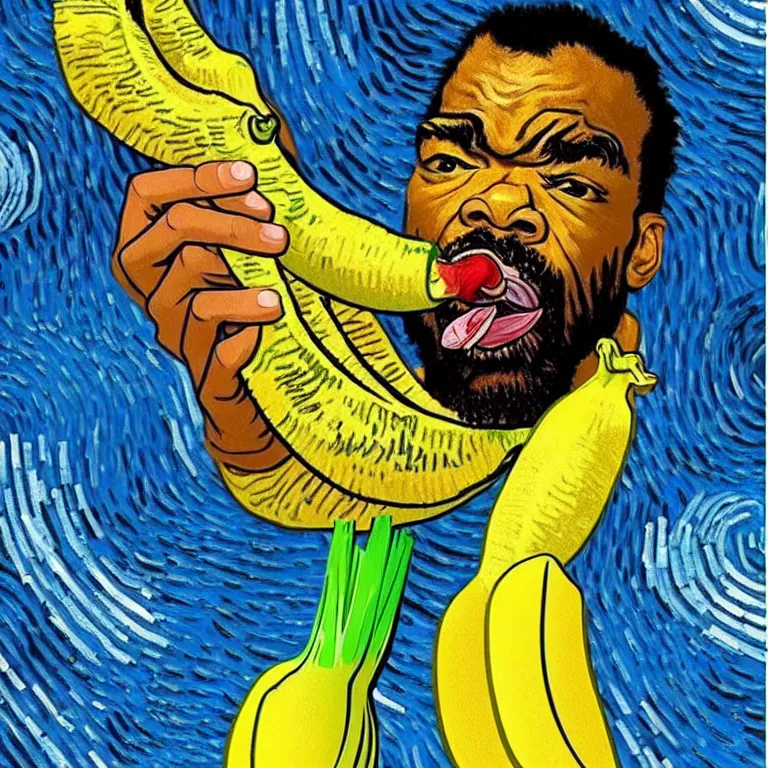 Image similar to method man licking a banana in the style of van gogh