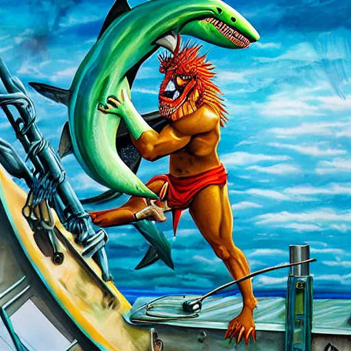 Image similar to full - color photorealistic fantastical oil - painting of : an anthropomorphic muscular male humanoid - hybrid shark - monster is terrorizing workers on the deck of a commercial fishing boat. the shark - monster is wearing swim - trunks. highly - quality, highly - detailed professional artwork.