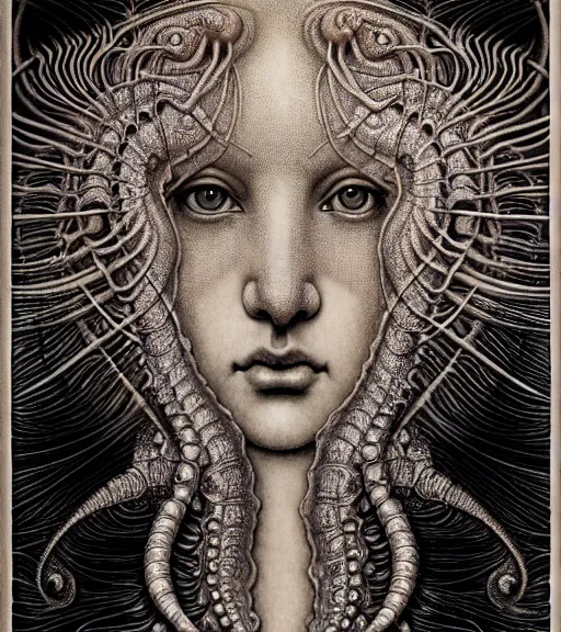 Image similar to detailed realistic beautiful seahorse goddess face portrait by jean delville, gustave dore, iris van herpen and marco mazzoni, art forms of nature by ernst haeckel, art nouveau, symbolist, visionary, gothic, neo - gothic, pre - raphaelite, fractal lace, intricate alien botanicals, ai biodiversity, surreality, hyperdetailed ultrasharp octane render