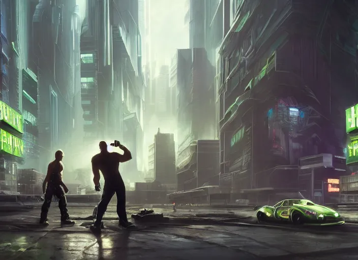 Image similar to cyberpunk scifi scene of the hulk fighting walter white, artstation, matt painting, very detailed, maximalism, ambient occlusion, volumetric light, atmospheric haze, unreal engine, hyper realism, realistic shading, cinematic composition, realistic render, octane render, detailed textures, photorealistic, wide shot