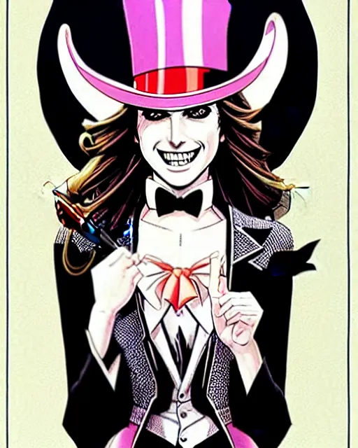 Image similar to beautiful Anna Kendrick Zatanna DC Comics floating on stage, wearing a top hat, symmetrical face symmetrical eyes, smiling, intricate details, atmospheric, art by eiichiro oda, Joshua Middleton art