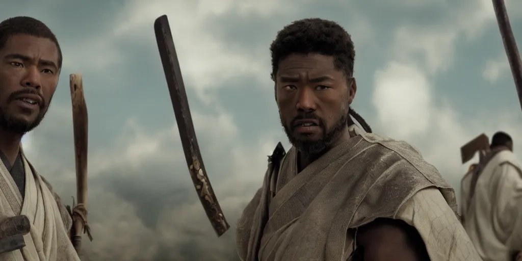 Image similar to a film still of a black man starring in a japanese blockbuster film as san ancient samurai, shallow depth of field, cinematic, award winning cgi, vfx, film still