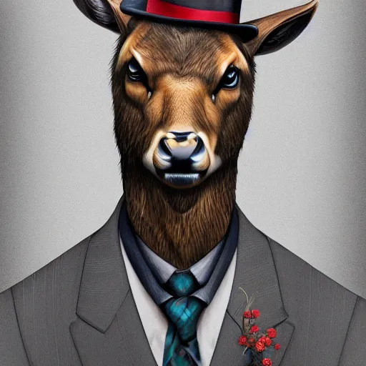 Image similar to a upper body portrait of a deer in a pinstriped suit and pants wearing a fedora with the antlers sticking out of the fedora by artgerm and wlop, intricate detail, digital art, photorealistic, trending on artstation