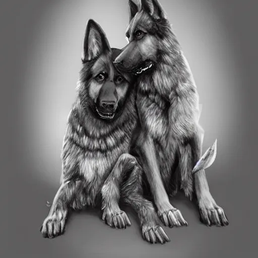 Image similar to two humanoid german shepherds beast - men, sitting on a couch and hugging together, artstation, concept art, smooth, sharp foccus ilustration, artstation