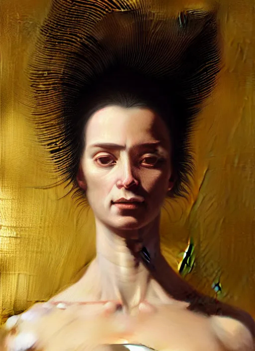 Image similar to portrait of a woman's face made of feathers and veiled in gold, by jacques - louis david, by greg rutkowski, by zdzisław beksinski, by josep tapiro baro, trending on artstation, featured on pixiv, masterpiece, oil on canvas, cinematic composition, dynamic beautiful lighting,