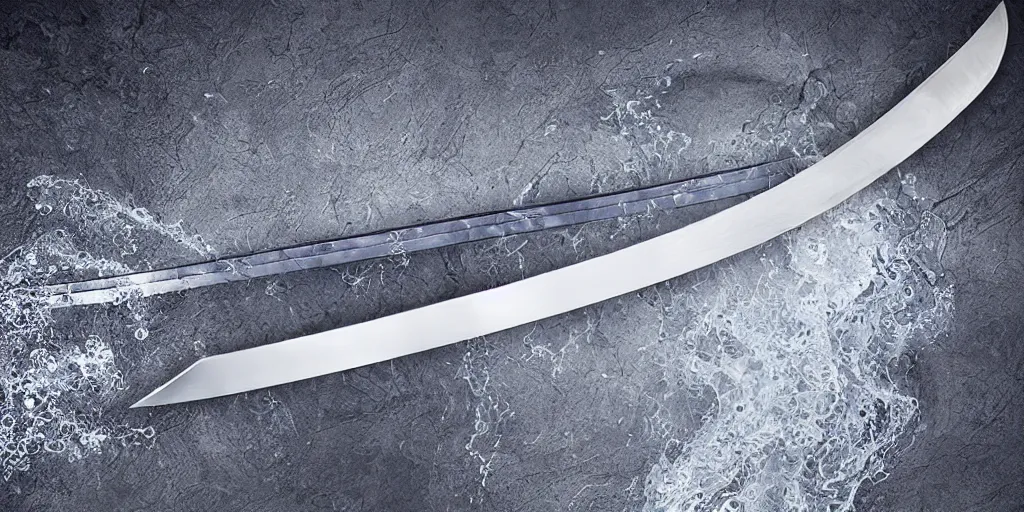 Image similar to Full Katana with Water Blade made only out of flowing and only Water, artstyle from Rzky Dar, the blade is made out of steel with a dragon sigil, a water stream goes like spiral around the blade, white background, raytracing,