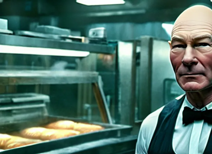 Image similar to film still of patrick stewart as agent smith working in a bakery in the new matrix movie, 4 k