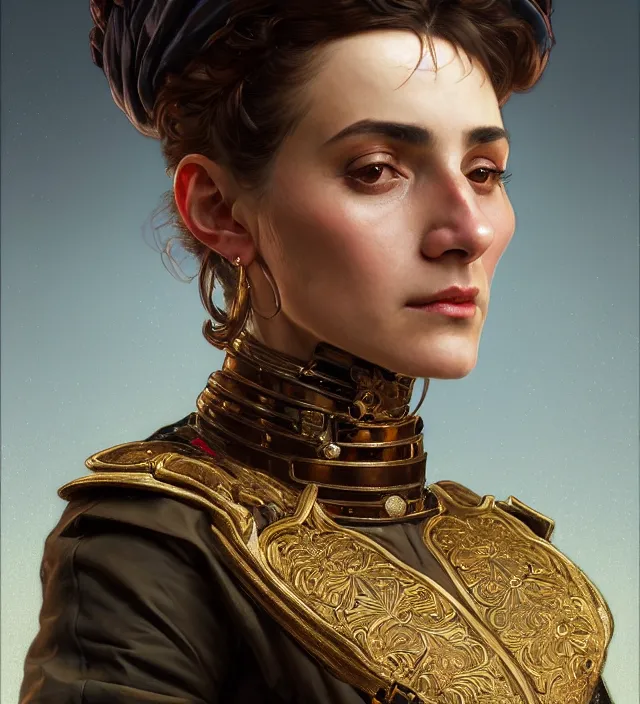 Prompt: portrait of a sicilian woman wearing a traditional nineteenth century kingdom of sicily military jacket, metal shoulder pauldrons, intricate, highly detailed, digital painting, artstation, concept art, sharp focus, cinematic lighting, illustration, art by artgerm and greg rutkowski, alphonse mucha, cgsociety