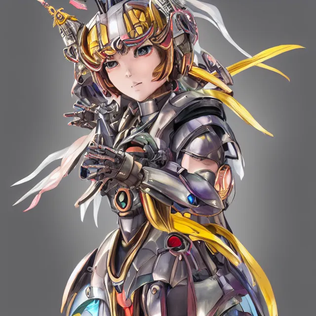 Image similar to studio portrait of lawful good colorful female holy mecha paladin absurdly beautiful, elegant, young cute anime girl, ultrafine hyperrealistic detailed face illustration by kim jung gi, irakli nadar, intricate linework, sharp focus, bright colors, matte, octopath traveler, final fantasy, unreal engine highly rendered, global illumination, radiant light, intricate environment