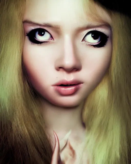 Prompt: lazy eye melting hyper realistic photograph of pretty girl, lighting alice in wonderland, dj sura face, artgerm, ilya