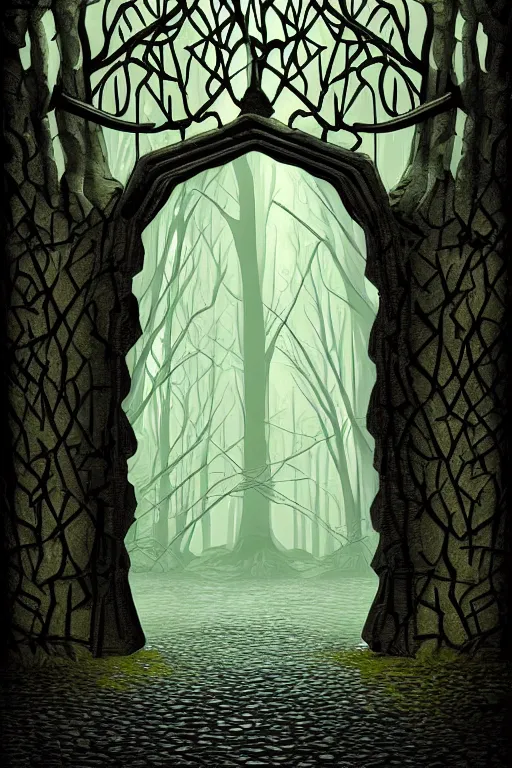 Image similar to beautiful digital painting high quality heavy iron gothic gate in the woods cobblestone ground by Eyvind Earle , ,artstation behance