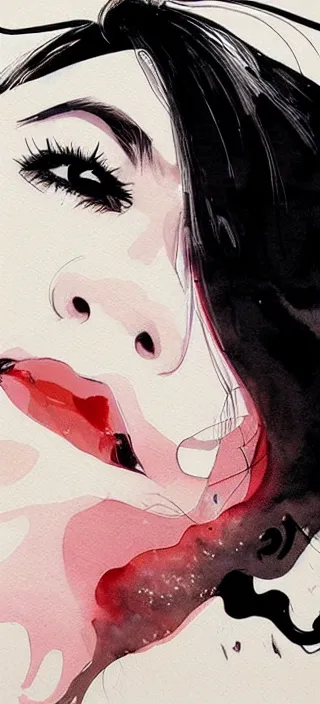 Image similar to profile view closeup!! the lips of a young filipino woman blowing out smoke, closeup!!, thick swirling smoke everywhere, by conrad roset, brush strokes, watercolor trending on artstation