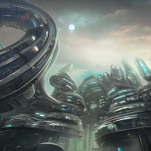 Image similar to futuristic alien city, sci fi art, highly detailed