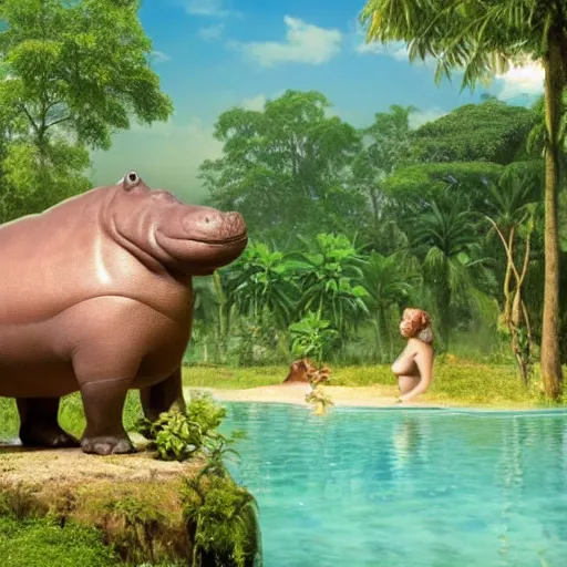 Image similar to 3D render of an anthropomorphic hippo wading in a pool at a beautiful and lush park. There is a jungle in the background, summer, warm gentle lighting, anatomy portrait, fullbody, symmetrical, 3D, with lightning, ultra colourful clean design, beksinski, carl spitzweg, Beeple, and Tuomas Korpi and bouguereau, good clear quality, warm lighting, biology, symmetrical artwork, perfect face, 135 mm, cinematic, hyper realism, high detail, octane render, Maya Render, 8k, pink and green accents