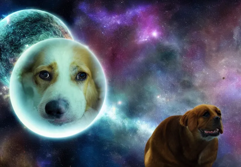 Image similar to a sphere, surface is textured with realistic dog faces, floating in space in front of nebula, high resolution photograph