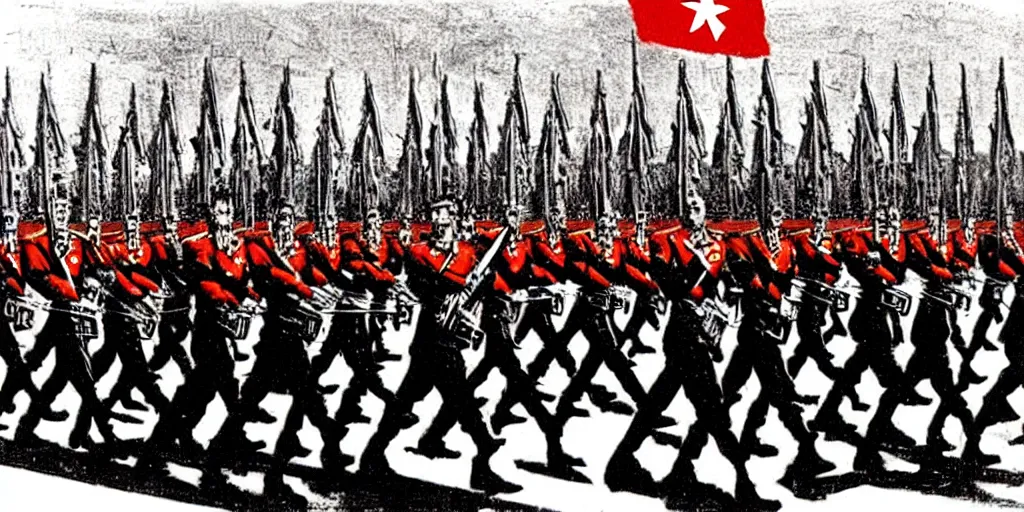 Prompt: army parade glorious march, futuristic alternate timeline, anarcho - communist hordes, red and black flags, art by max ernst, stalin - era propaganda