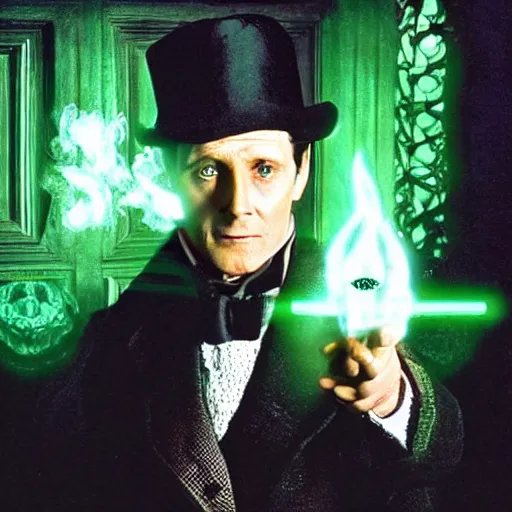 Prompt: Jeremy Brett as Sherlock Holmes as a powerful Warlock, with green energy emanating from his eyes.