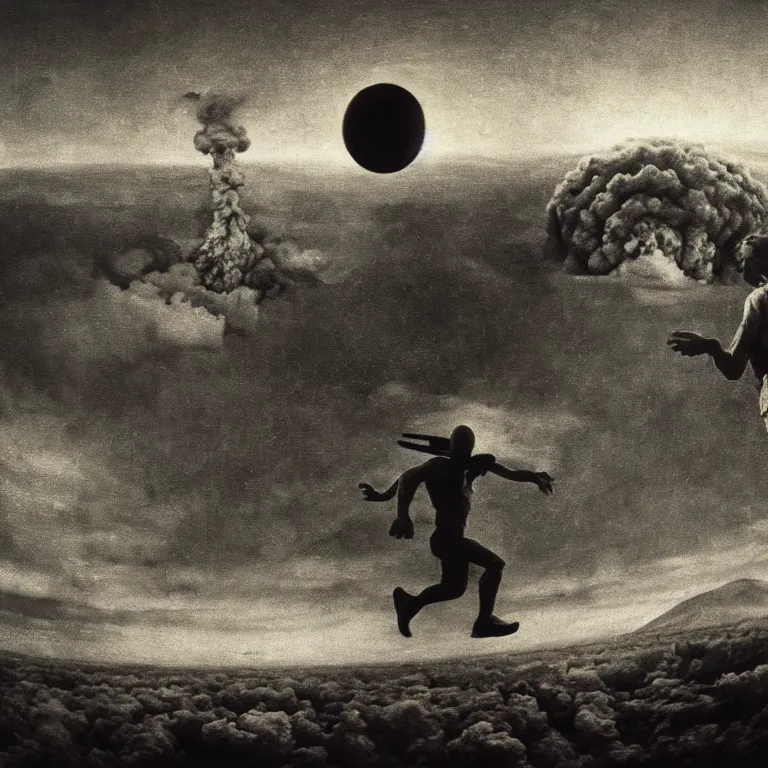 Image similar to man running away from atomic bomb explosion, selfie gopro footage by hieronymus bosch, action footage, disposable camera, fisheye, landscape portrait surreal painting, perfect composition, beautiful detailed intricate octane render, artstation, 8 k, photorealistic, volumetric cinematic light, chiaroscuro, masterpiece, raphael, bosch, caravaggio, beksinski, giger