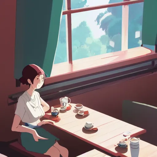 Image similar to woman sitting in a cafe, cottagecore, atey ghailan, goro fujita, studio ghibli, rim light, sharp lighting, clear focus, very coherent,