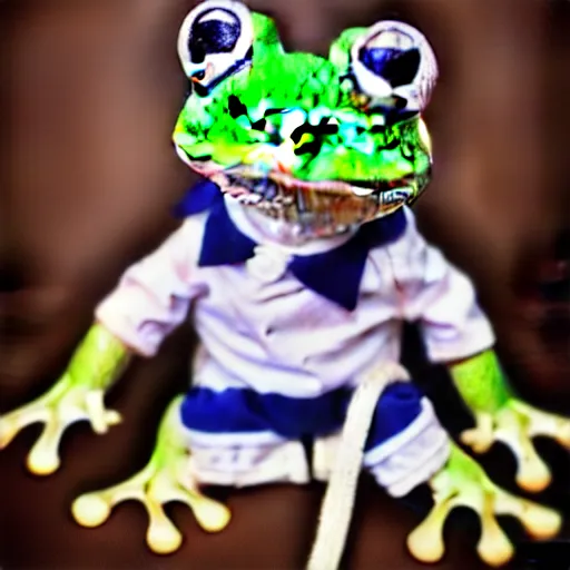 Image similar to cute frog wearing a sailor suit, studio photography,