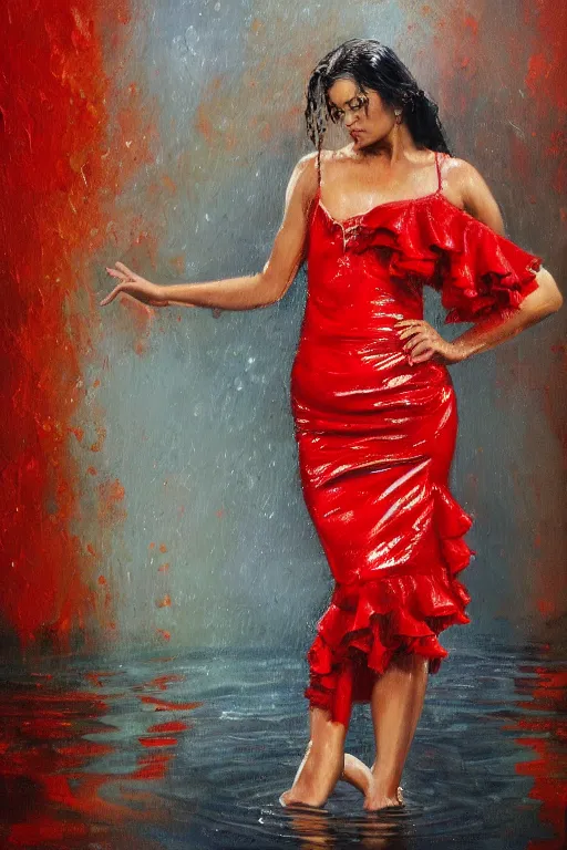 Image similar to detailed oil painting of spanish flamenco dancer standing in water, wearing a dress red dress that's floating, midnight, moon, dimly lit, looking away, dark shadows, ethereal, photo realistic, high definition, 4 k, slr