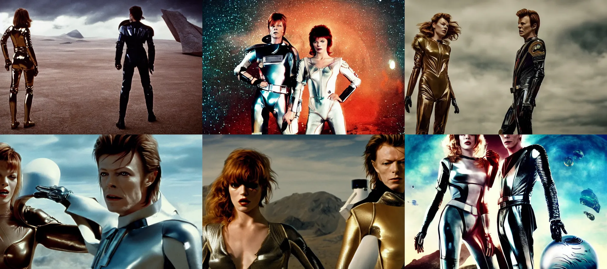 Prompt: a portrait of milla jovovich and david bowie as barbarella wearing a leather spacesuit, beautiful, heroic action pose, soft focus, depth of field, stunning alien landscape, cinematic, film grain, wide shot, in the style of kubrick, ridley scott, star wars, unreal engine