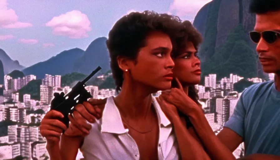 Image similar to 1 9 8 6 movie screencap of a couple with a gun on a rio de janeiro, gucci clothes, sparkes sky, beautiful favela background extremely utra high quality artwork 8 k