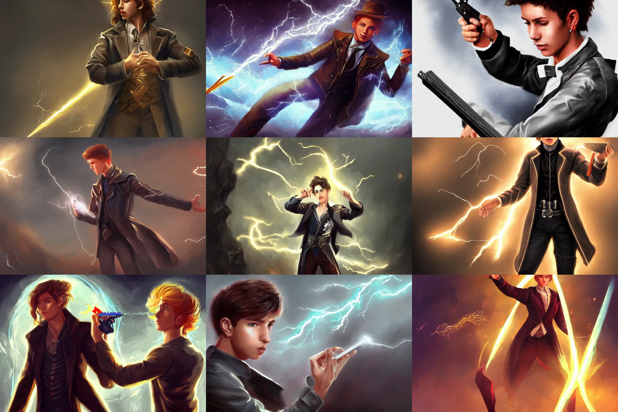 Prompt: young male magician casting a lightening gun spell fantasy intricate elegant highly detailed digital painting artstation concept art smooth