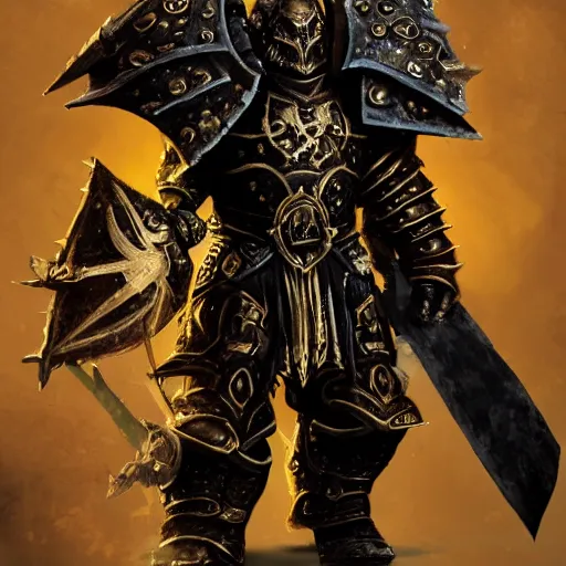 Prompt: Chaos warrior from Warhammer Fantasy clad in black and golden armor, 4K, trending on Artstation, Ryan Barger, Ted Beargon, trending on Artstation