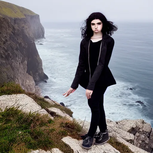 Image similar to 1 7 - year - old pale - skinned persian girl with black long bob cut, black gothic jacket, blue jeans, psychic girl, psychokinetic girl, standing on cliff along the irish coast, overcast gray skies, ultra - realistic, sharp details, subsurface scattering, intricate details, art by william - adolphe bouguereau