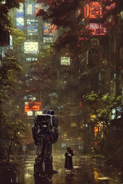 Image similar to vintage autochrome photo of ancient overgrown cyberpunk tokyo with robot by craig mullins, rutkowski, hiroshi yoshida, night, rain, flowers, beautifully lit, hyperdetailed, unreal engine, 3 d rendered, photorealistic, artstation, cgsociety